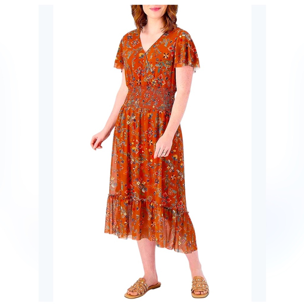 Canyon Retreat Mesh Cottagecore Modest Flutter Sleeve Dress Copper‎ XL Floral